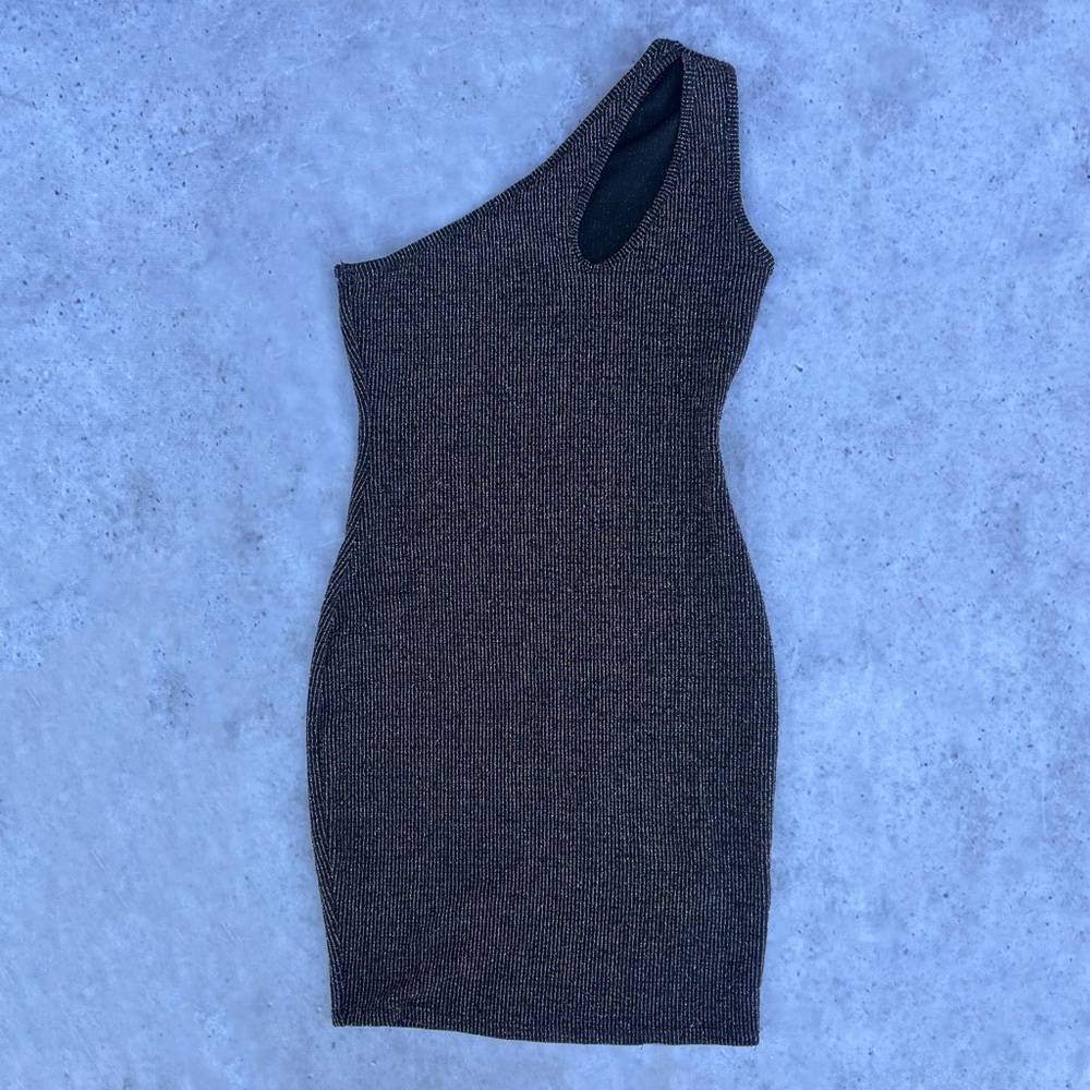 ★ Black One Shoulder Bodycon Mini Dress with Rainbow Striped Lurex Ribbing ★